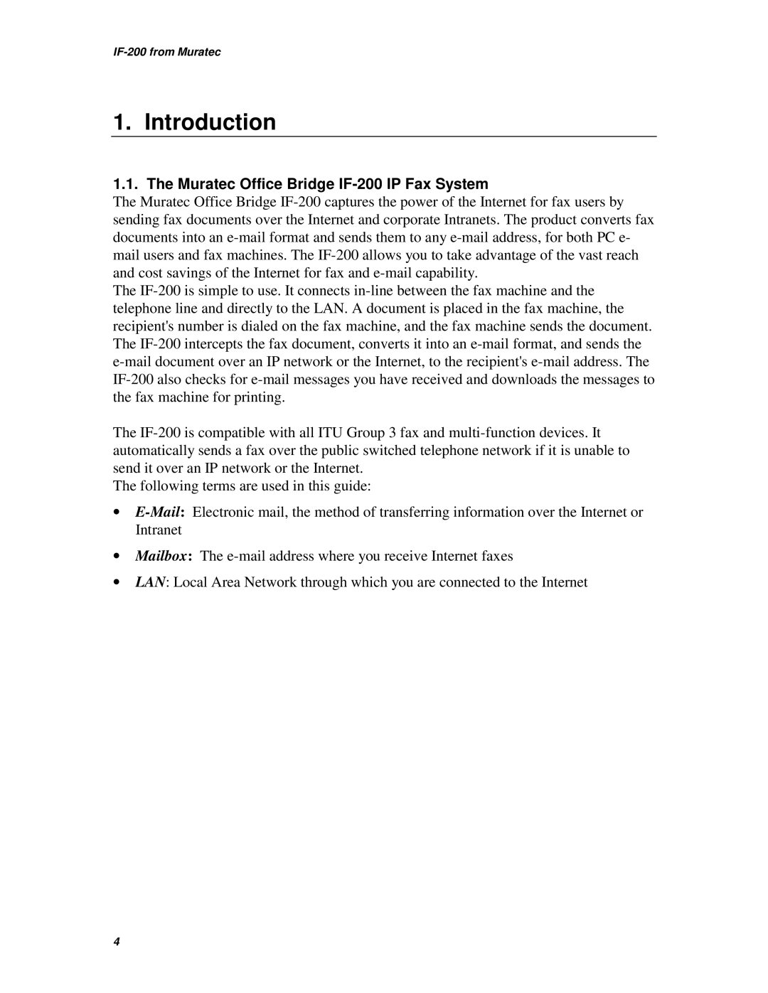 Muratec operating instructions Introduction, Muratec Office Bridge IF-200 IP Fax System 