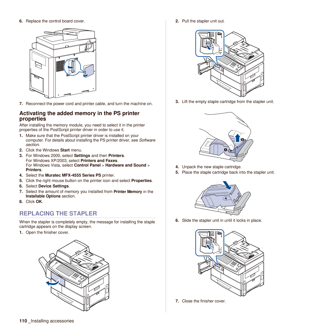 Muratec M F X - 4 5 5 5, M F X - 5 5 5 5 Replacing the Stapler, Activating the added memory in the PS printer properties 