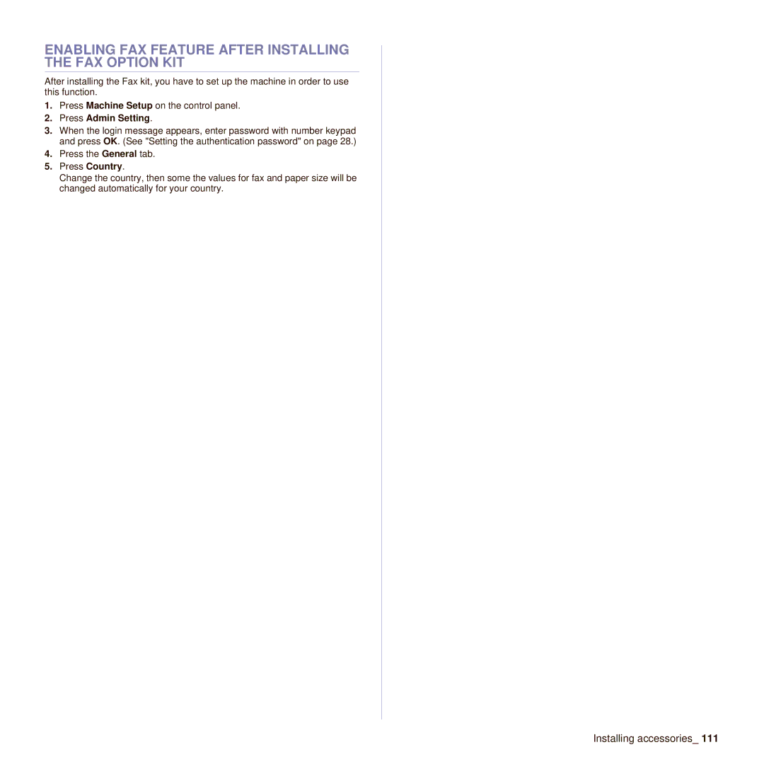 Muratec M F X - 5 5 5 5, M F X - 4 5 5 5 Enabling FAX Feature After Installing the FAX Option KIT, Press Admin Setting 