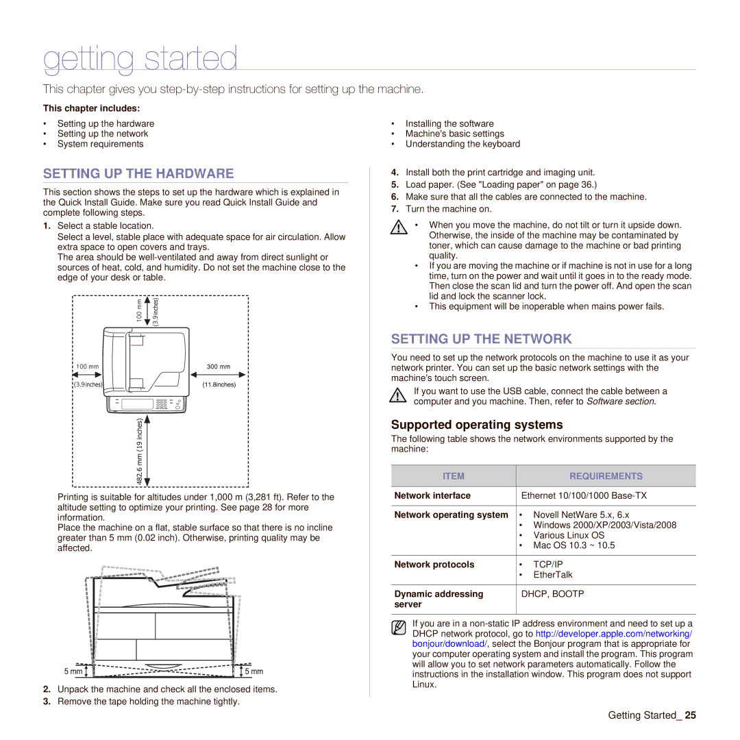 Muratec M F X - 5 5 5 5 Getting started, Setting UP the Hardware, Setting UP the Network, Supported operating systems 