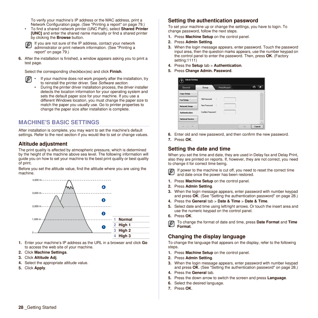 Muratec M F X - 4 5 5 5, M F X - 5 5 5 5 Machines Basic Settings, Altitude adjustment, Setting the authentication password 