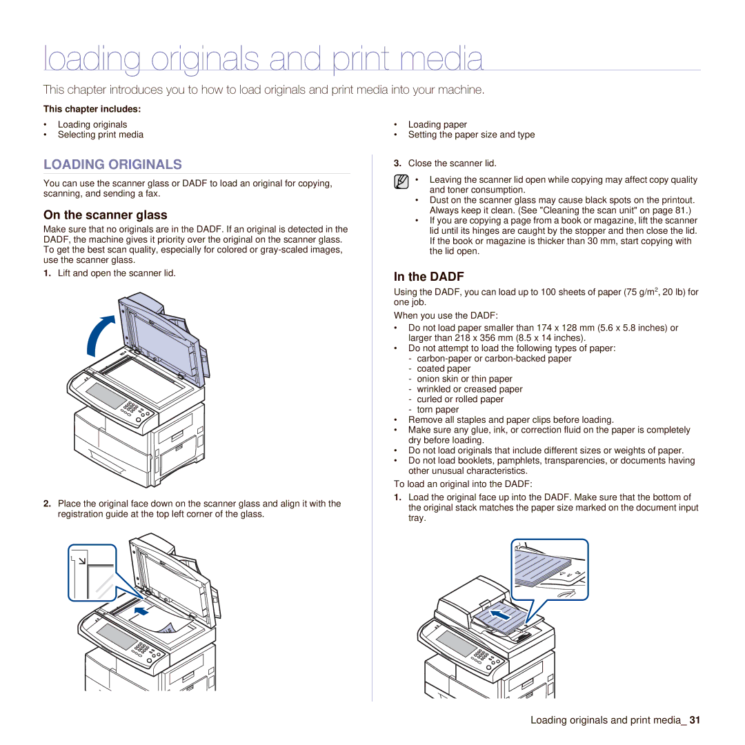 Muratec M F X - 5 5 5 5, M F X - 4 5 5 5 Loading originals and print media, Loading Originals, On the scanner glass, Dadf 