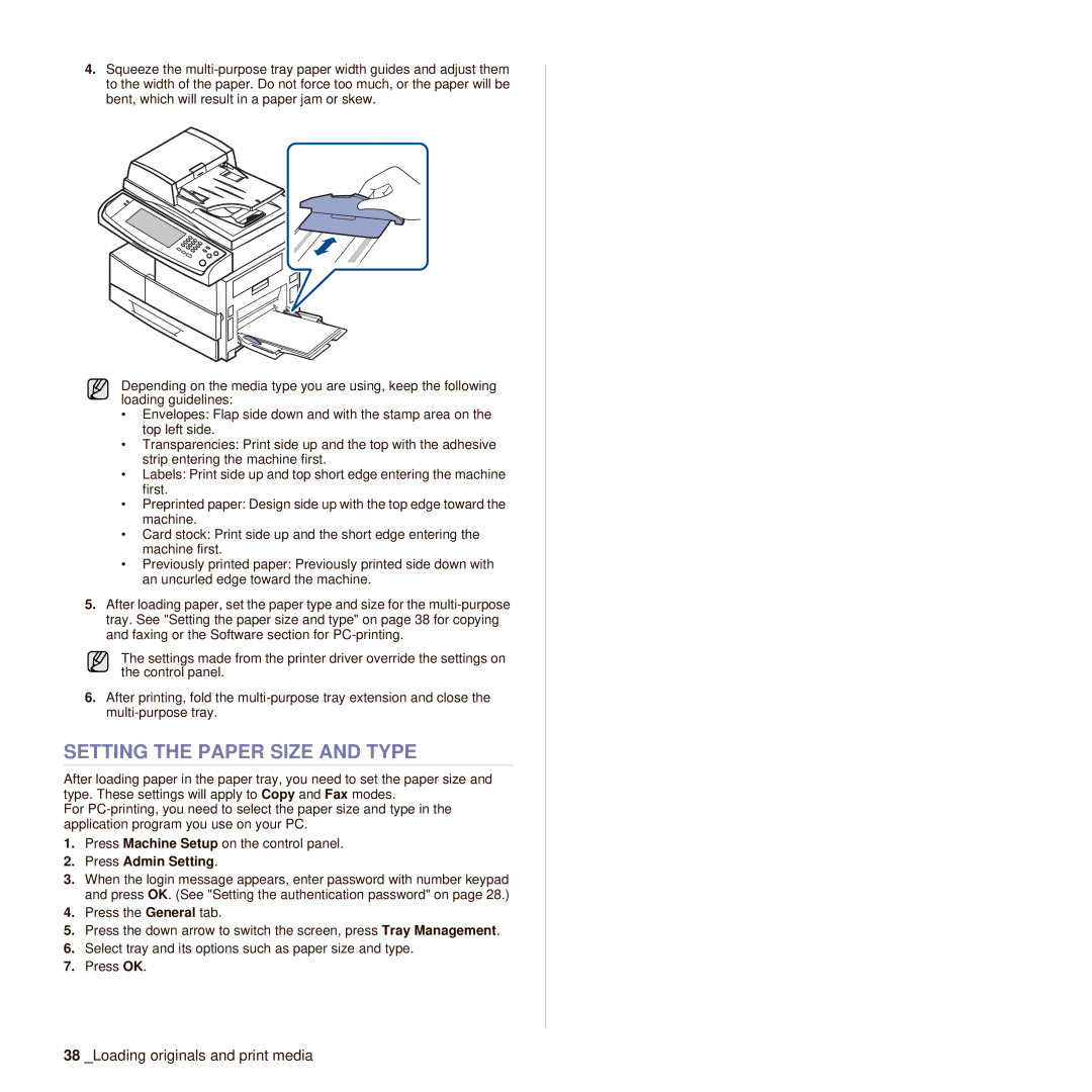 Muratec M F X - 4 5 5 5, M F X - 5 5 5 5 manual Setting the Paper Size and Type, Press Admin Setting 