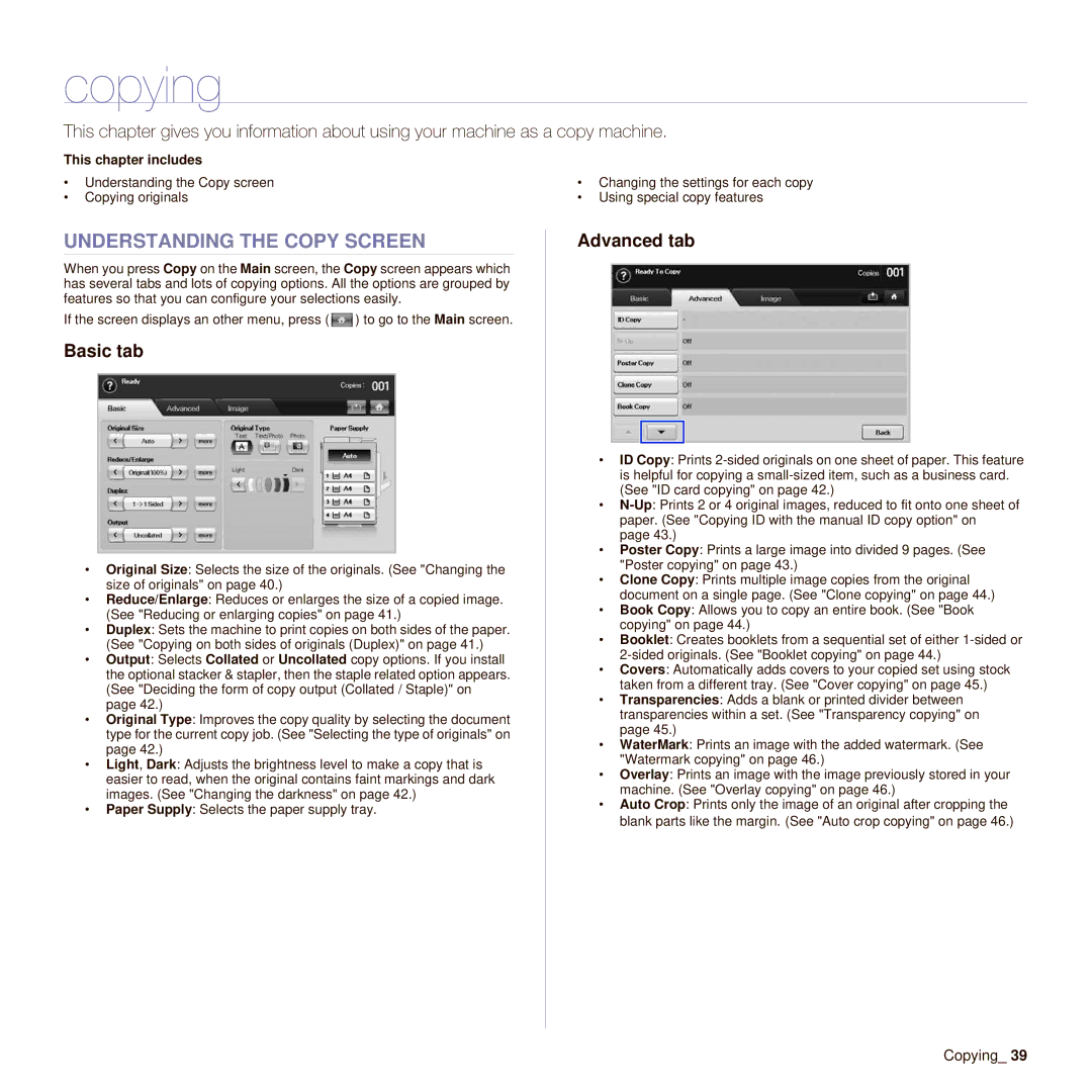 Muratec M F X - 5 5 5 5, M F X - 4 5 5 5 manual Copying, Understanding the Copy Screen, Basic tab, Advanced tab 