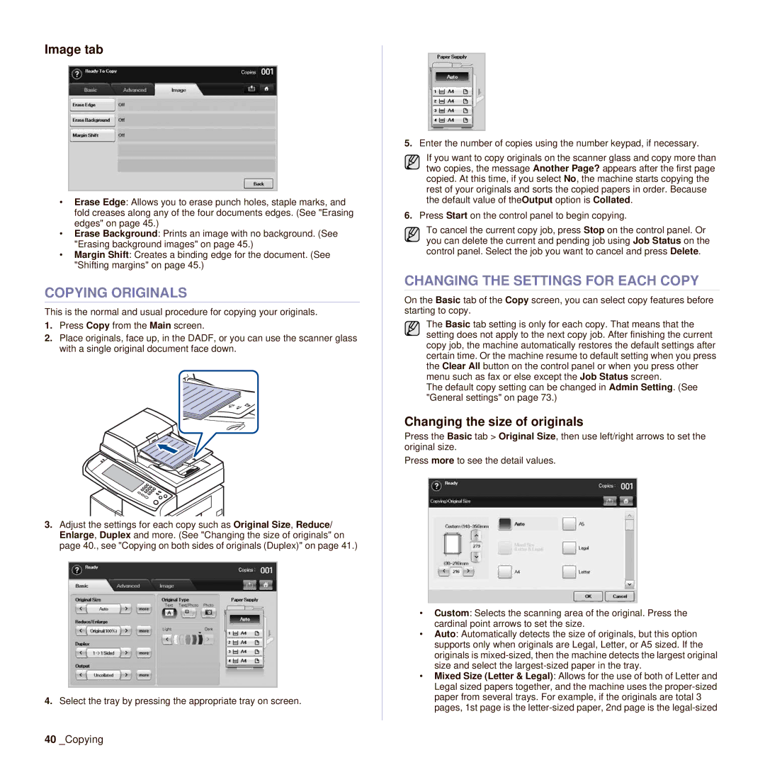 Muratec M F X - 4 5 5 5 Copying Originals, Changing the Settings for Each Copy, Image tab, Changing the size of originals 