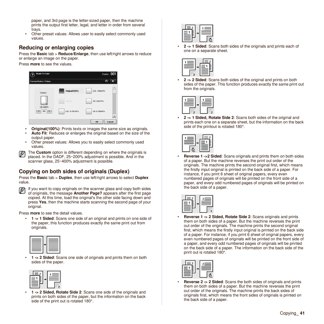 Muratec M F X - 5 5 5 5, M F X - 4 5 5 5 manual Reducing or enlarging copies, Copying on both sides of originals Duplex 