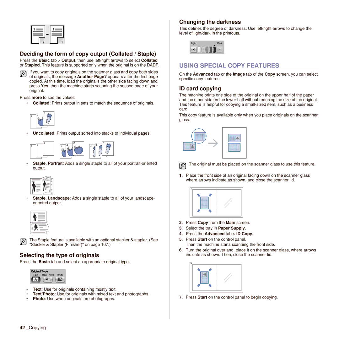 Muratec M F X - 4 5 5 5 Using Special Copy Features, Deciding the form of copy output Collated / Staple, ID card copying 