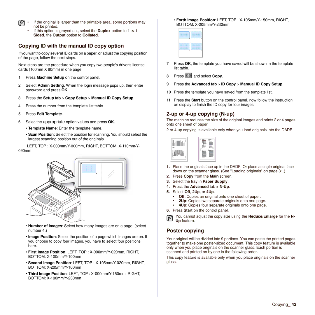 Muratec M F X - 5 5 5 5 Copying ID with the manual ID copy option, Up or 4-up copying N-up, Poster copying 