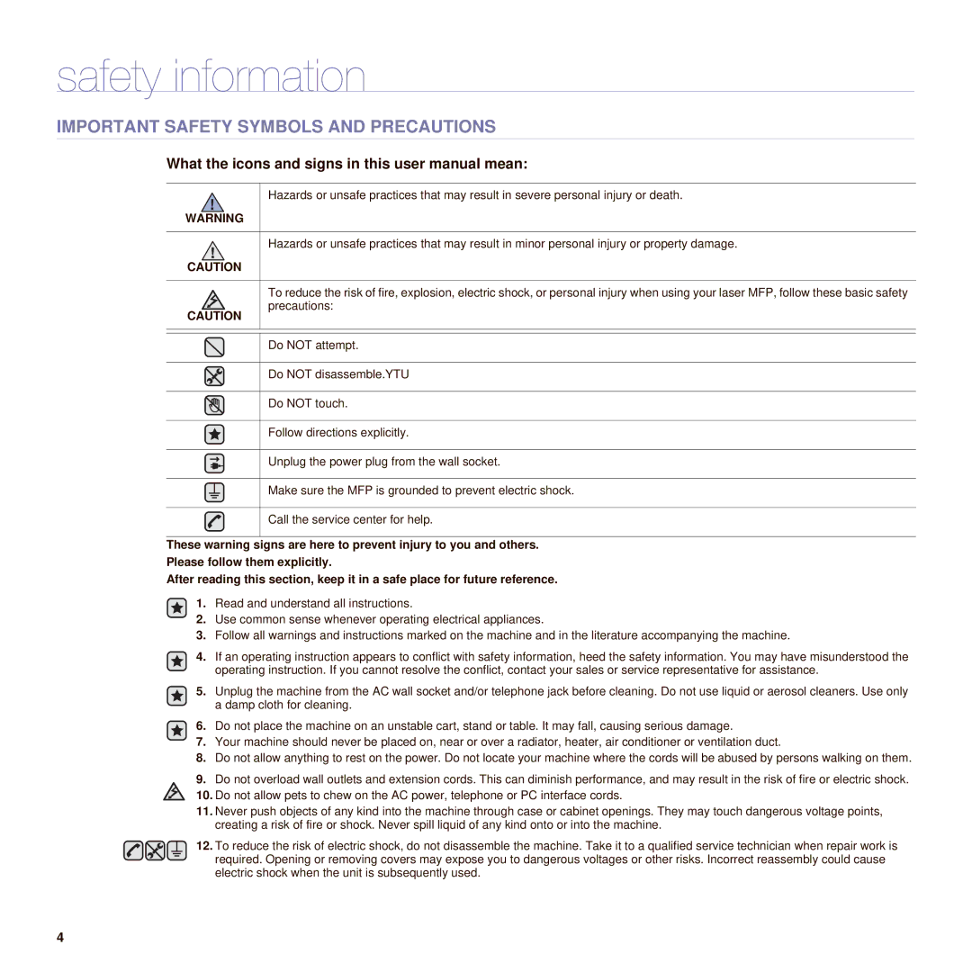 Muratec M F X - 4 5 5 5, M F X - 5 5 5 5 manual Safety information, Important Safety Symbols and Precautions 