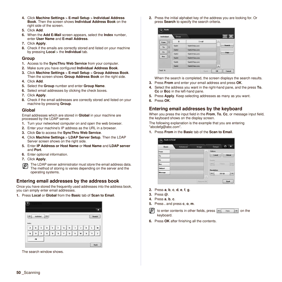 Muratec M F X - 4 5 5 5 Entering email addresses by the address book, Entering email addresses by the keyboard, Group 