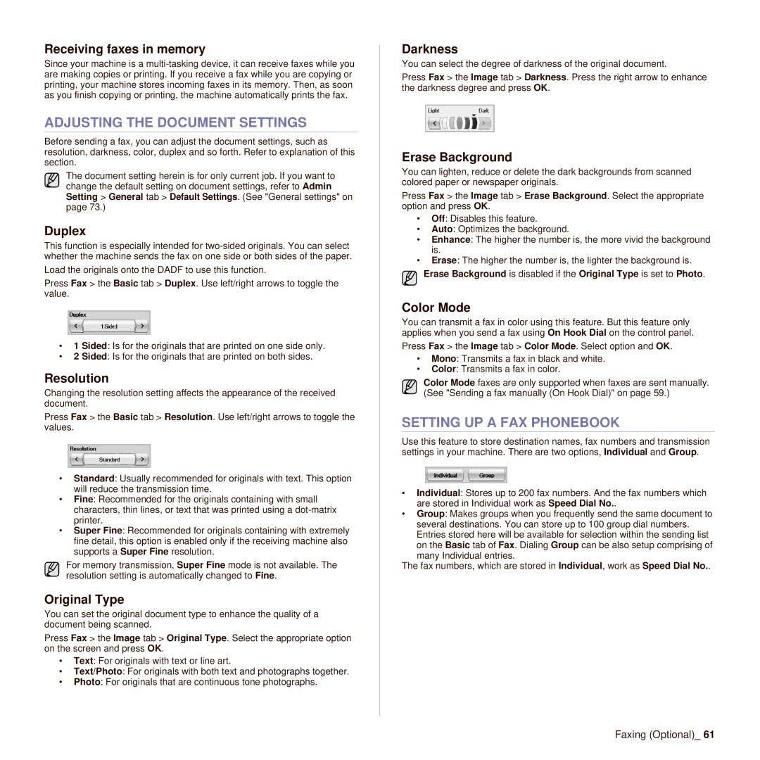 Muratec M F X - 5 5 5 5 manual Adjusting the Document Settings, Setting UP a FAX Phonebook, Receiving faxes in memory 