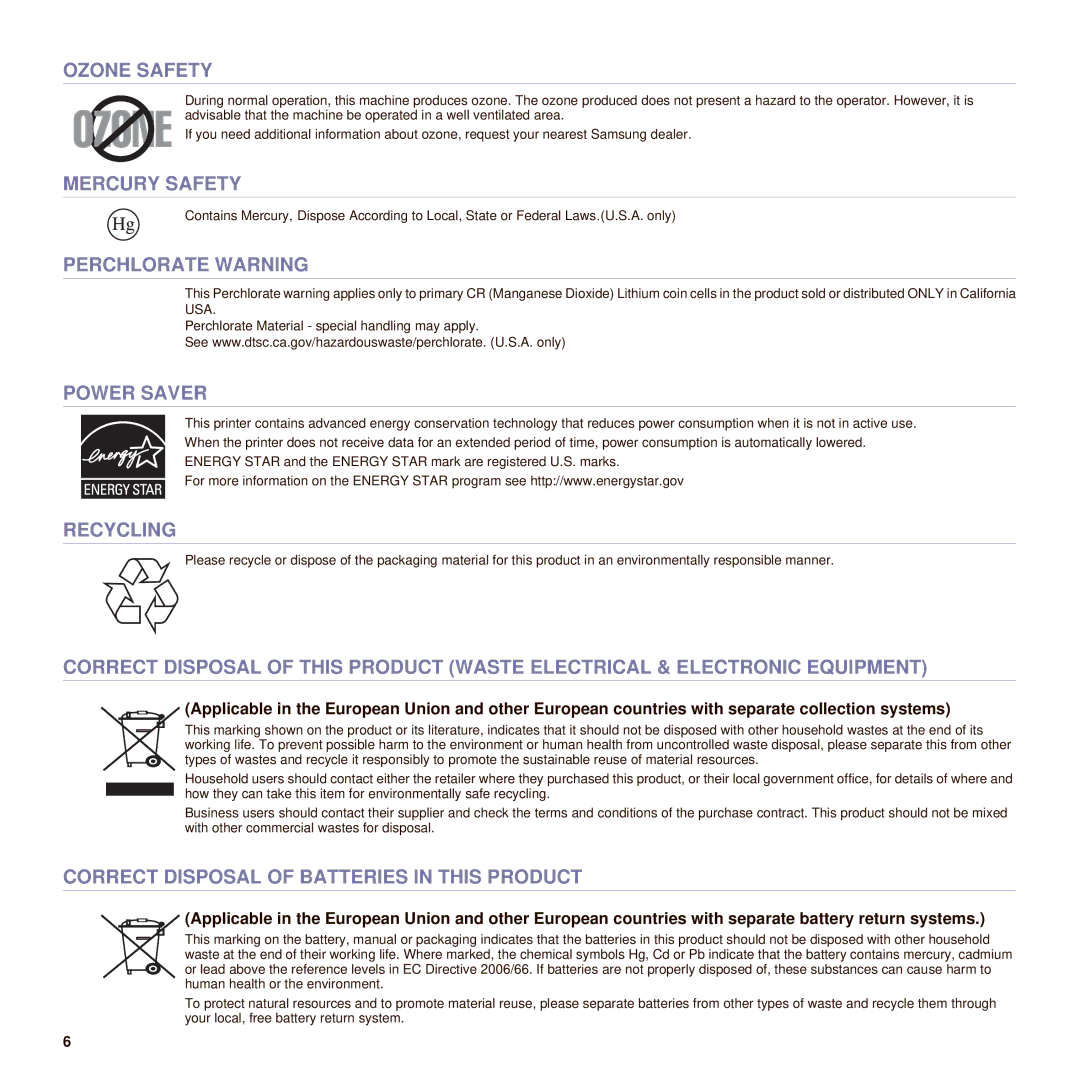 Muratec M F X - 4 5 5 5, M F X - 5 5 5 5 manual Ozone Safety, Mercury Safety, Perchlorate Warning, Power Saver, Recycling 