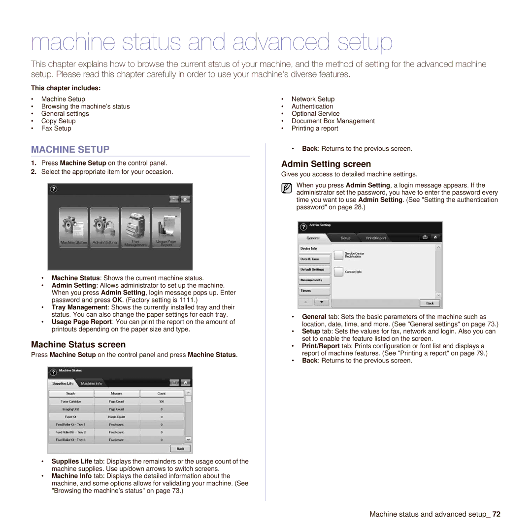 Muratec M F X - 4 5 5 5 Machine status and advanced setup, Machine Setup, Machine Status screen, Admin Setting screen 