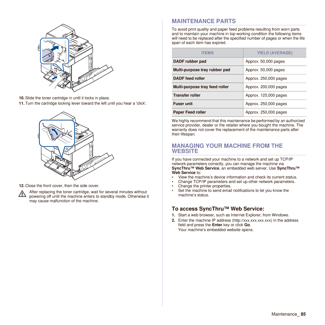 Muratec M F X - 5 5 5 5 manual Maintenance Parts, Managing Your Machine from the Website, To access SyncThru Web Service 