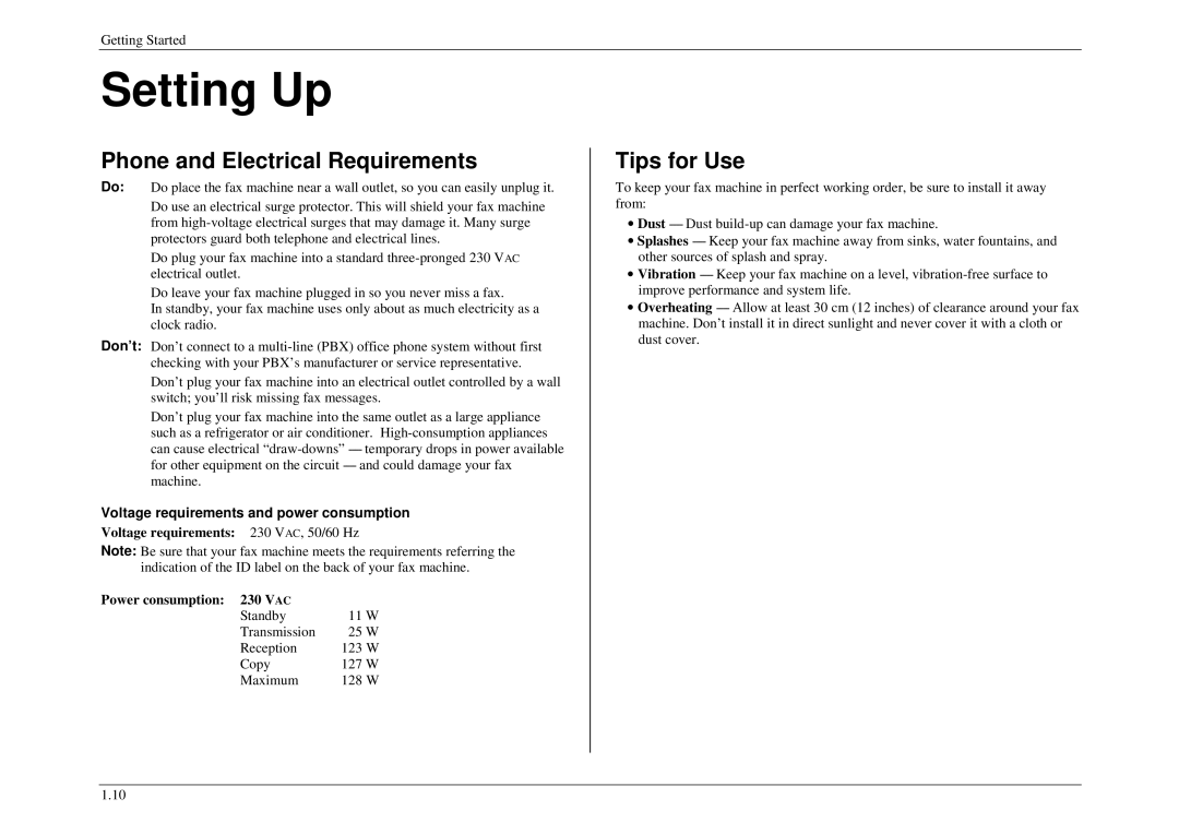 Muratec M860, M840 Setting Up, Phone and Electrical Requirements, Tips for Use, Voltage requirements and power consumption 