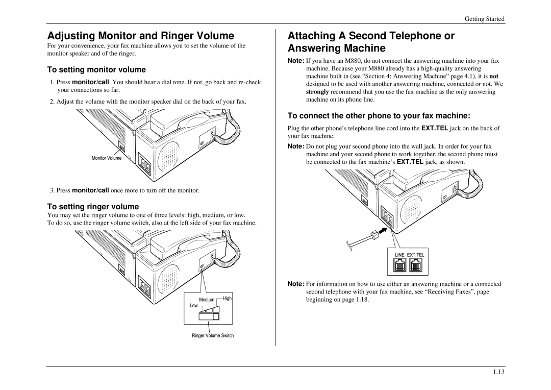 Muratec M860, M840, M880 manual Adjusting Monitor and Ringer Volume, Attaching a Second Telephone or Answering Machine 