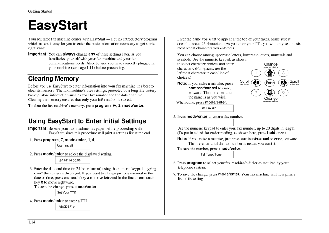 Muratec M840, M880, M860 Clearing Memory, Using EasyStart to Enter Initial Settings, Press program, 7, mode/enter, 1 