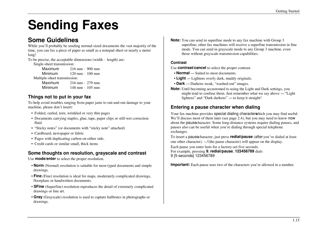 Muratec M880, M840 Sending Faxes, Some Guidelines, Things not to put in your fax, Entering a pause character when dialing 