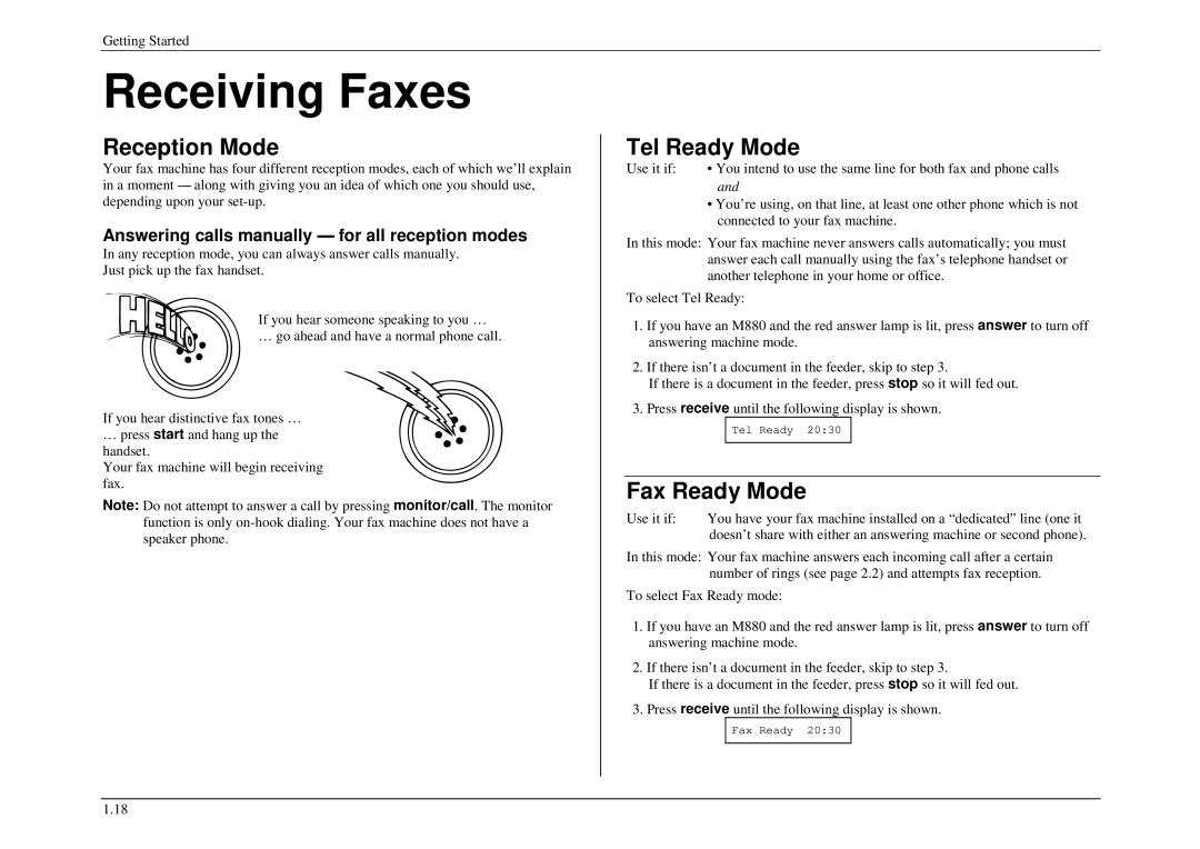 Muratec M880, M840, M860 manual Receiving Faxes, Reception Mode, Tel Ready Mode, Fax Ready Mode 