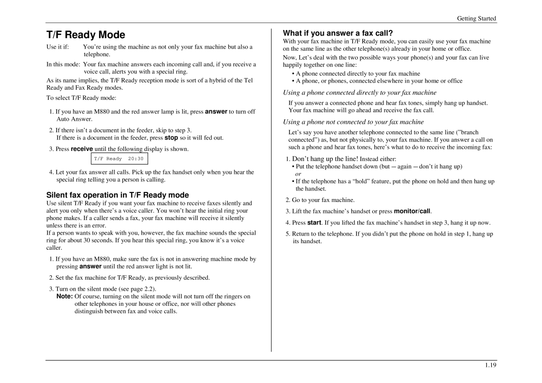 Muratec M860, M840, M880 manual Ready Mode, Silent fax operation in T/F Ready mode, What if you answer a fax call? 