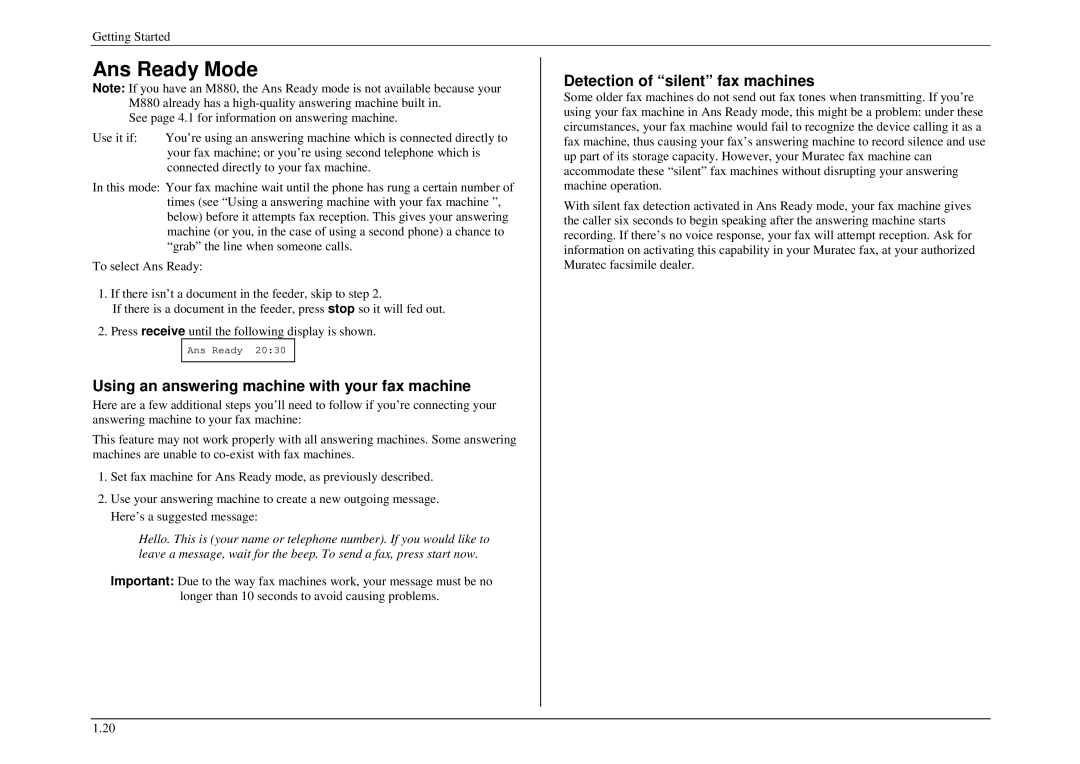 Muratec M840, M880, M860 Ans Ready Mode, Using an answering machine with your fax machine, Detection of silent fax machines 