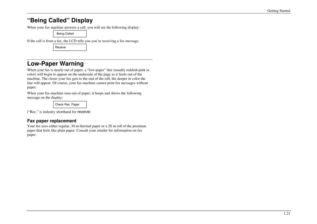 Muratec M880, M840, M860 manual Being Called Display, Low-Paper Warning, Fax paper replacement 