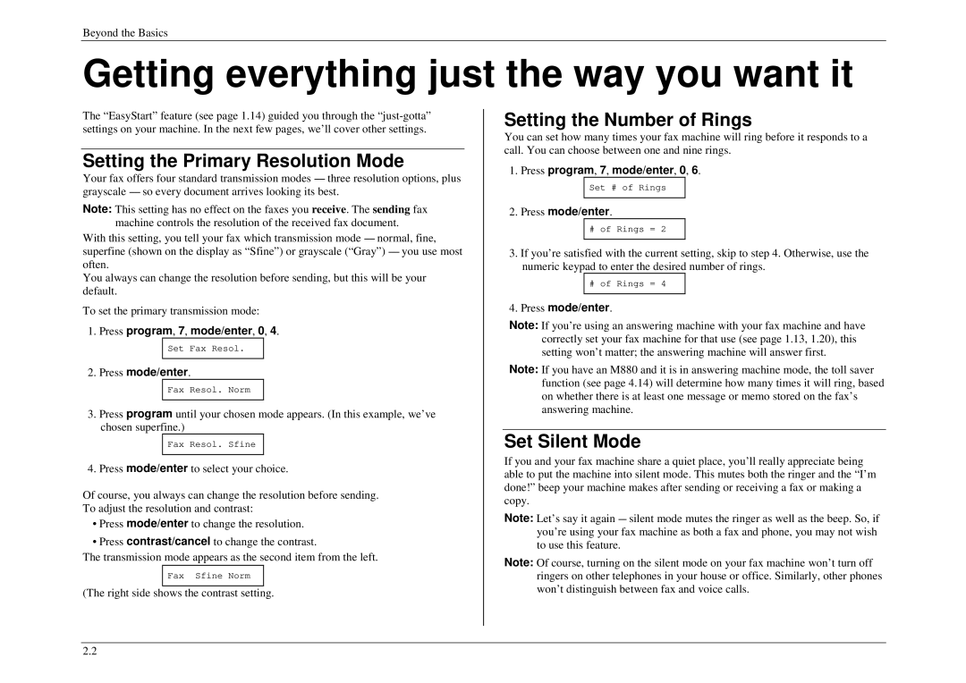 Muratec M840 Getting everything just the way you want it, Setting the Primary Resolution Mode, Setting the Number of Rings 