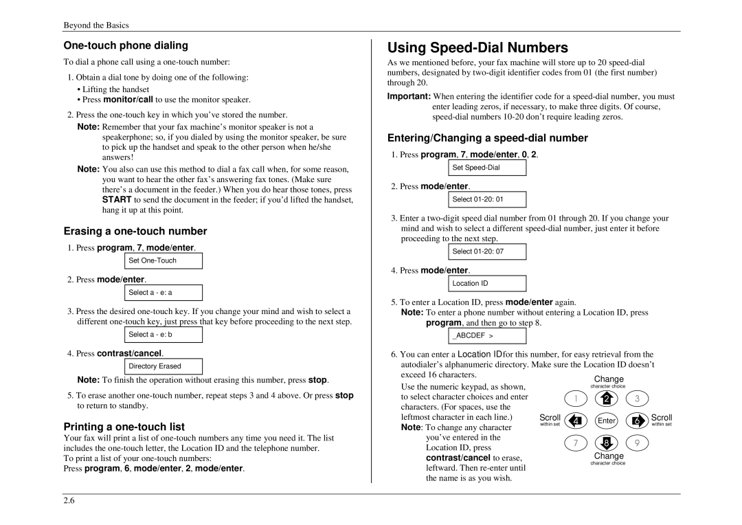 Muratec M880 Using Speed-Dial Numbers, One-touch phone dialing, Erasing a one-touch number, Printing a one-touch list 