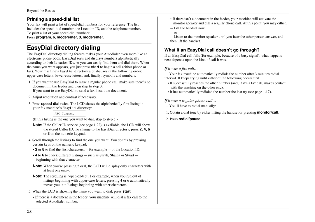 Muratec M840, M880 EasyDial directory dialing, Printing a speed-dial list, What if an EasyDial call doesn’t go through? 