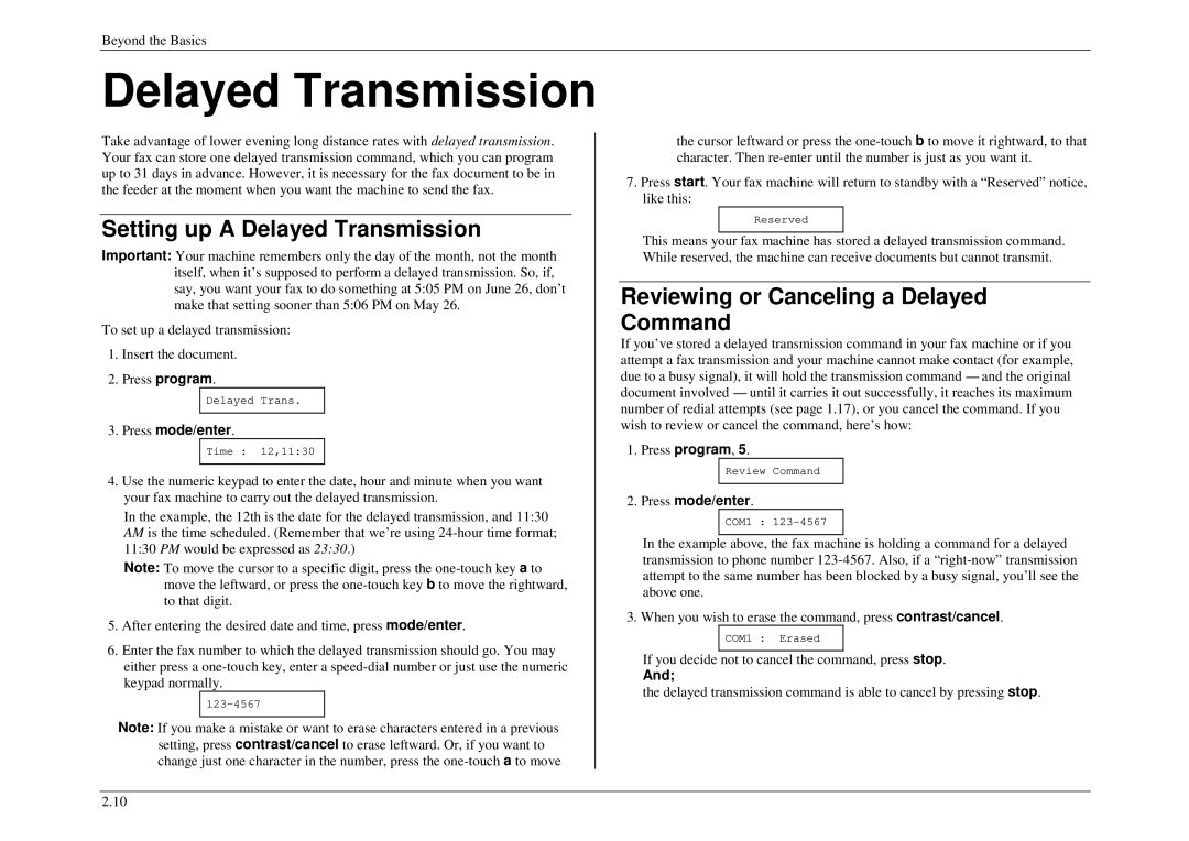 Muratec M860, M840, M880 manual Setting up a Delayed Transmission, Reviewing or Canceling a Delayed Command 