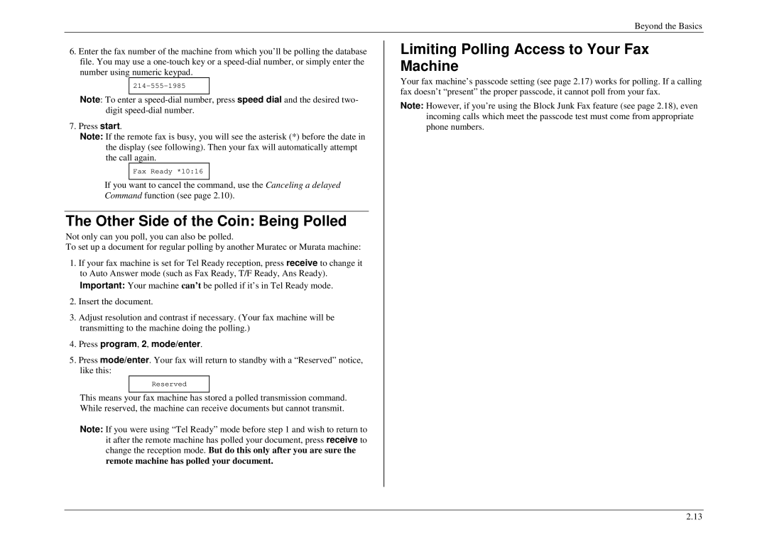 Muratec M860, M840, M880 manual Other Side of the Coin Being Polled, Limiting Polling Access to Your Fax Machine 