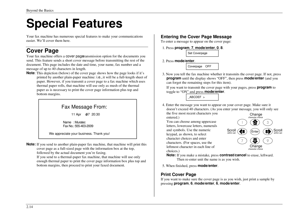 Muratec M840, M880, M860 manual Special Features, Entering the Cover Page Message, Print Cover 