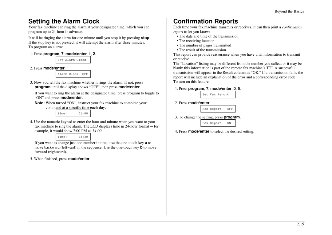 Muratec M880, M840, M860 manual Setting the Alarm Clock, Confirmation Reports 