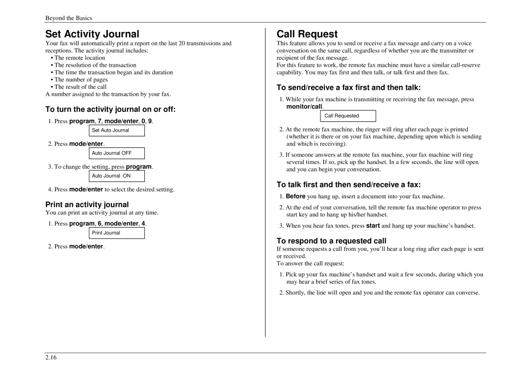 Muratec M860, M840, M880 manual Set Activity Journal, Call Request 