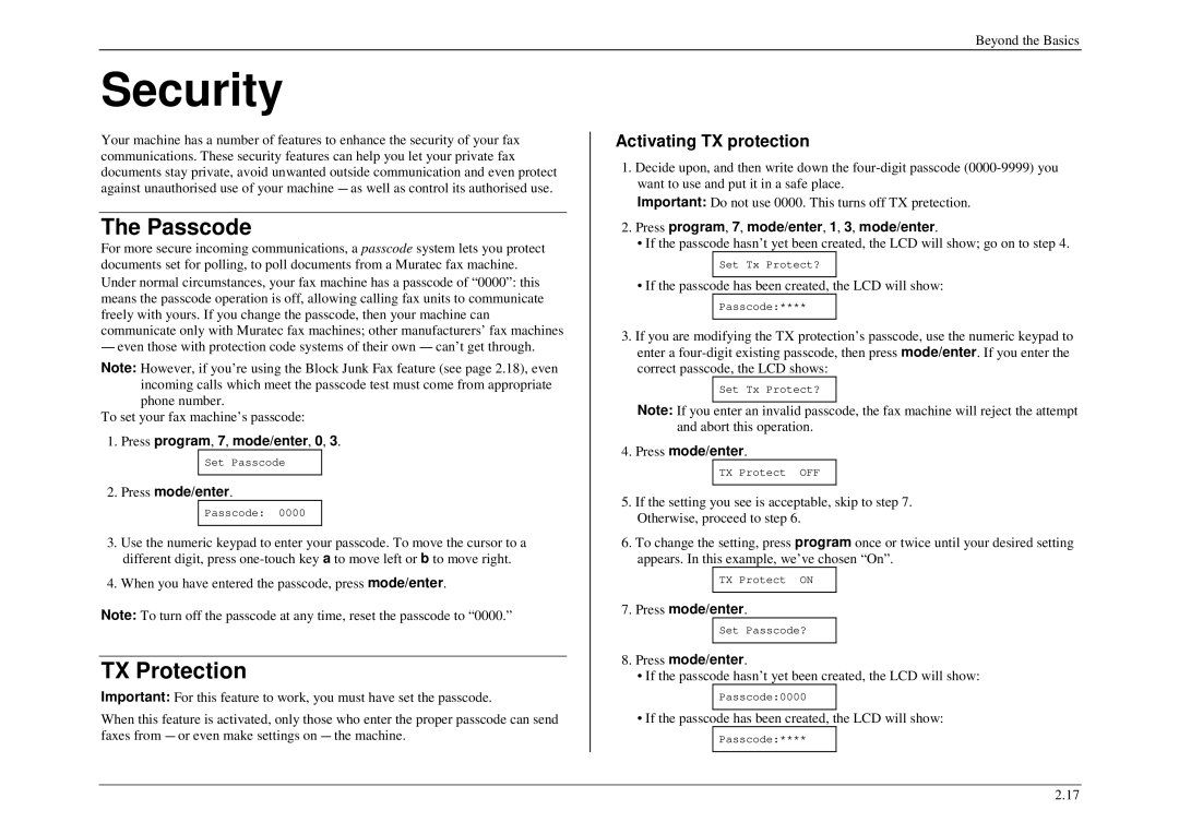 Muratec M840 Security, Passcode, TX Protection, Activating TX protection, Press program, 7, mode/enter, 1, 3, mode/enter 