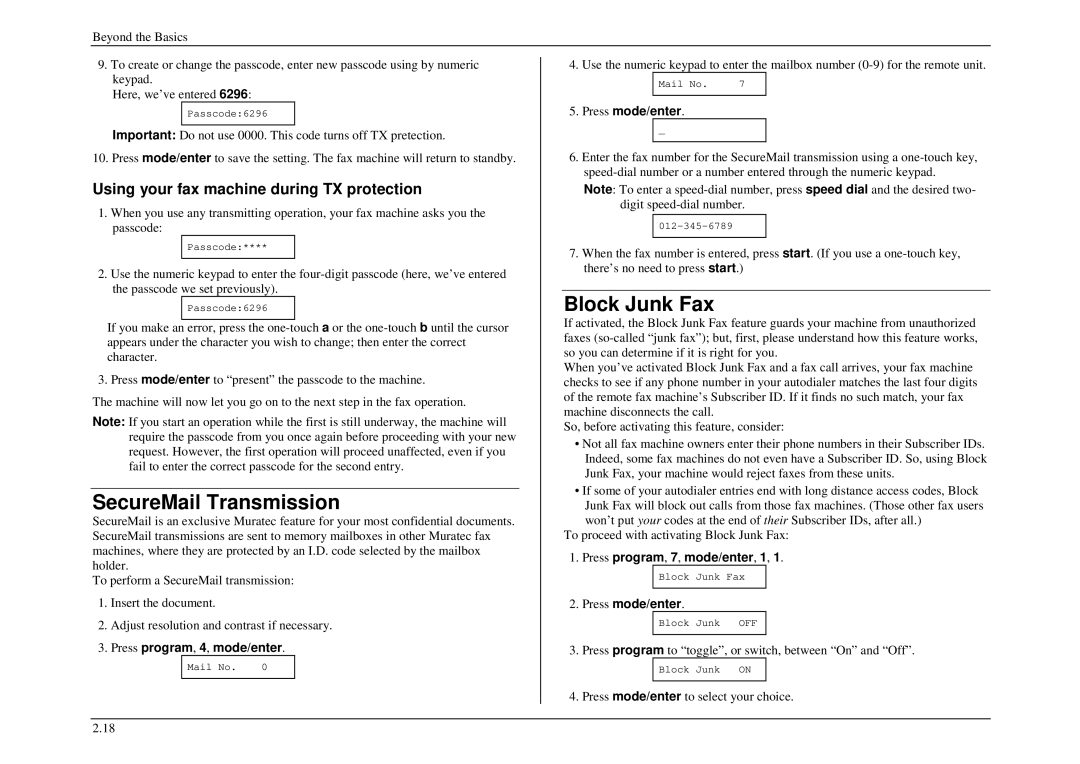 Muratec M880, M840, M860 manual Block Junk Fax, SecureMail Transmission, Using your fax machine during TX protection 