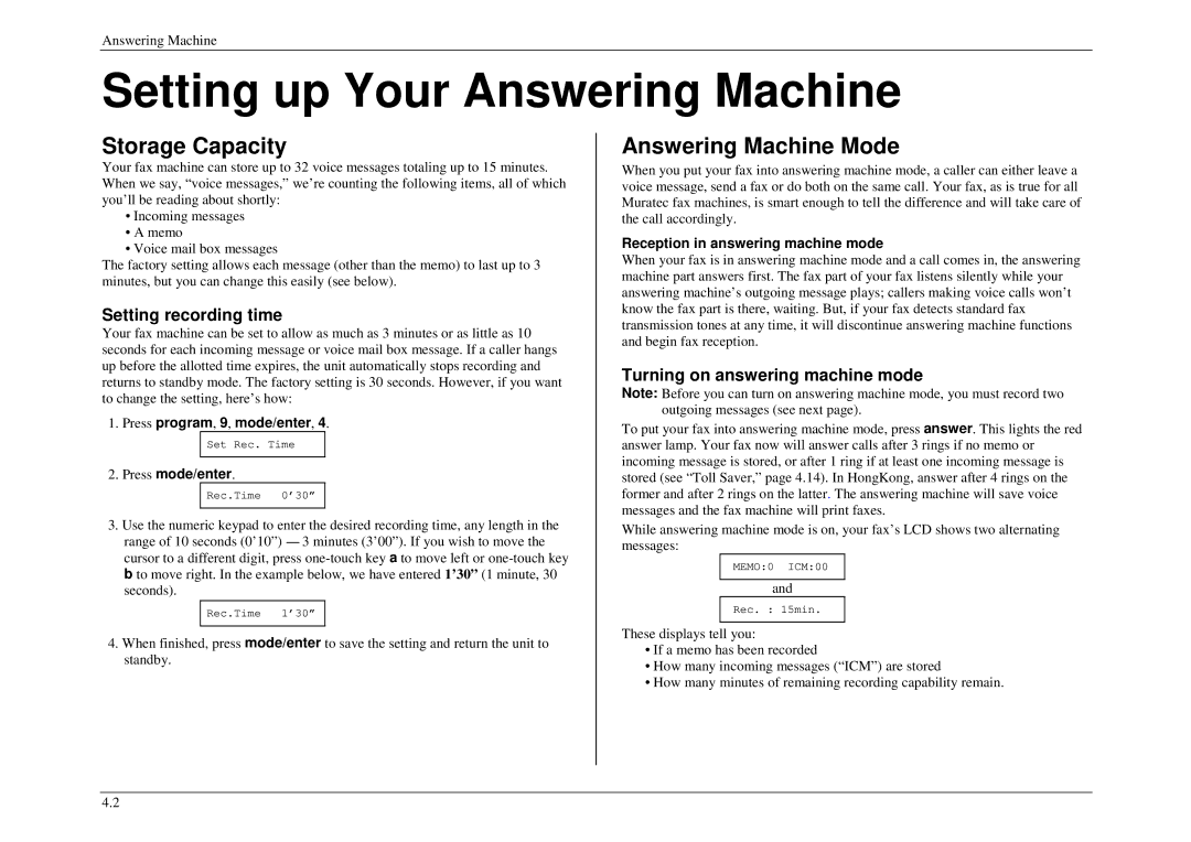 Muratec M880, M840 Setting up Your Answering Machine, Storage Capacity, Answering Machine Mode, Setting recording time 