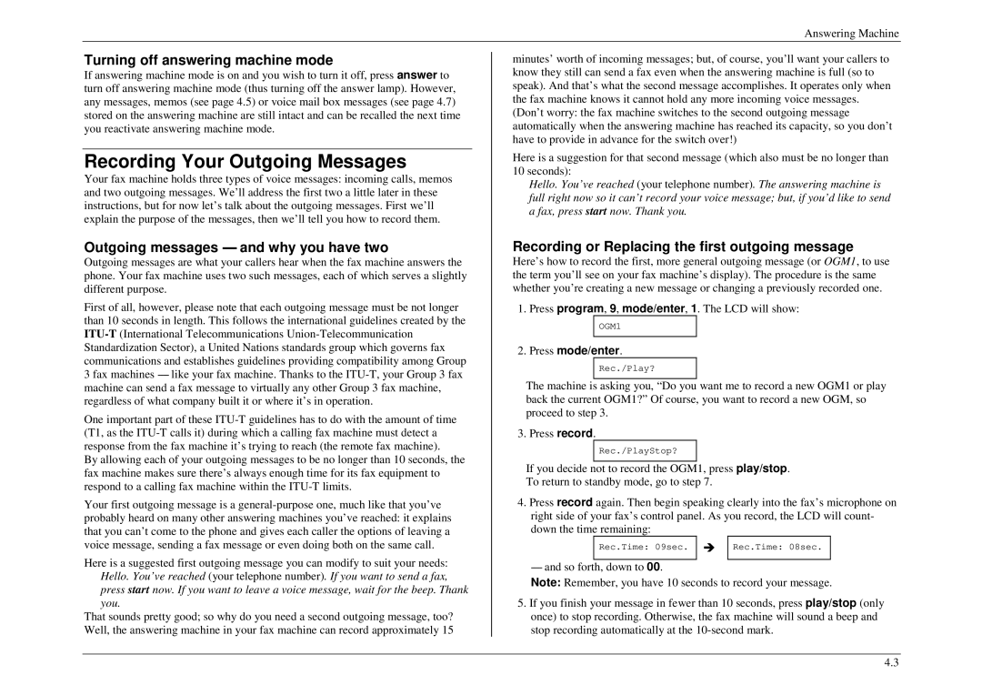 Muratec M860, M840, M880 manual Recording Your Outgoing Messages, Turning off answering machine mode 