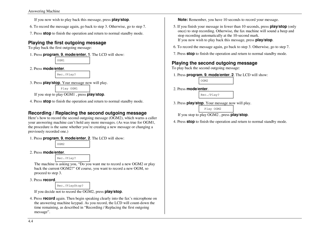 Muratec M840, M880, M860 manual Playing the first outgoing message, Recording / Replacing the second outgoing message 