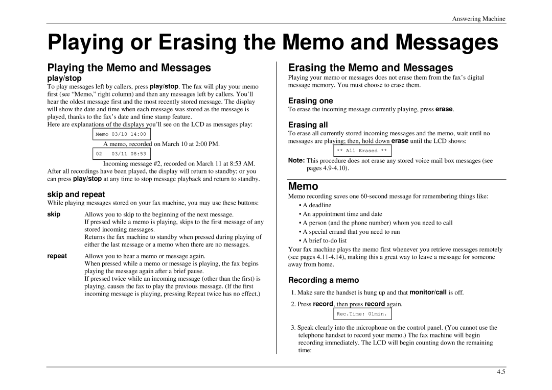 Muratec M880, M840, M860 manual Playing or Erasing the Memo and Messages, Playing the Memo and Messages 