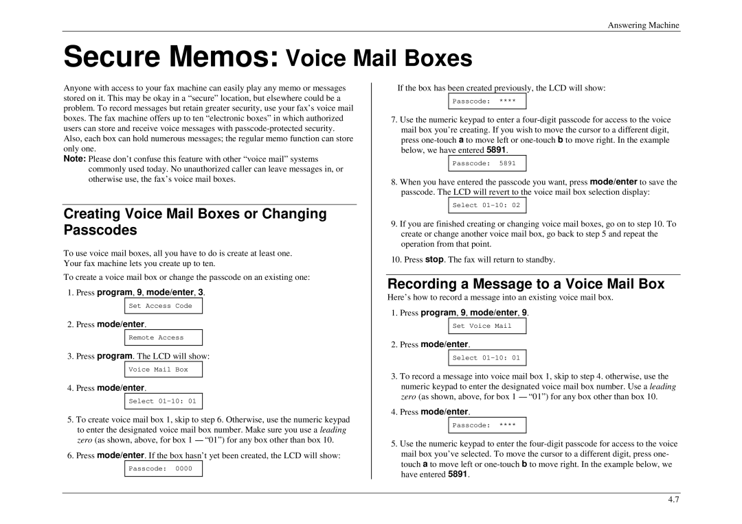 Muratec M840, M880, M860 manual Creating Voice Mail Boxes or Changing Passcodes, Recording a Message to a Voice Mail Box 