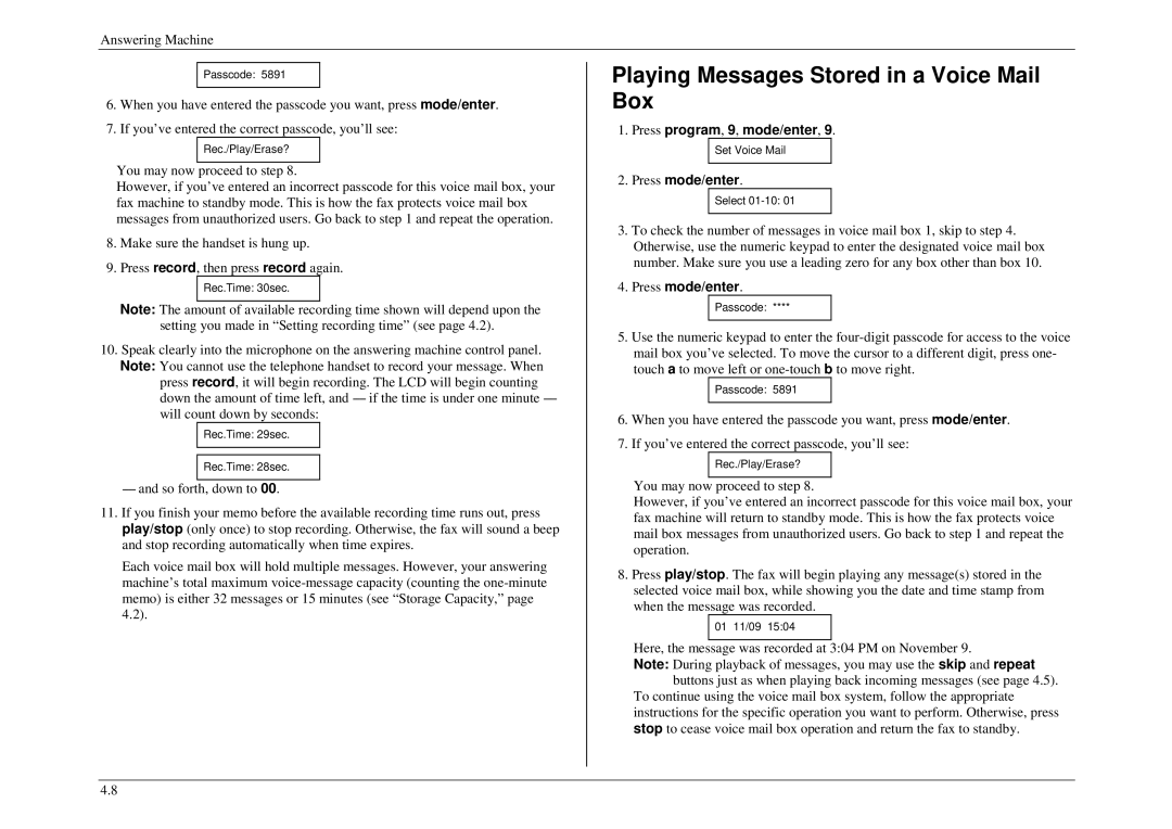 Muratec M880, M840, M860 manual Playing Messages Stored in a Voice Mail Box 