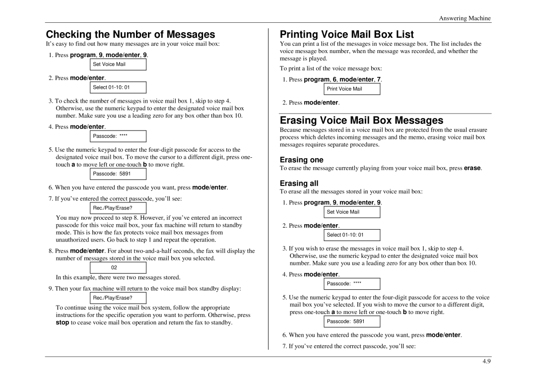 Muratec M860, M840, M880 Checking the Number of Messages, Printing Voice Mail Box List, Erasing Voice Mail Box Messages 