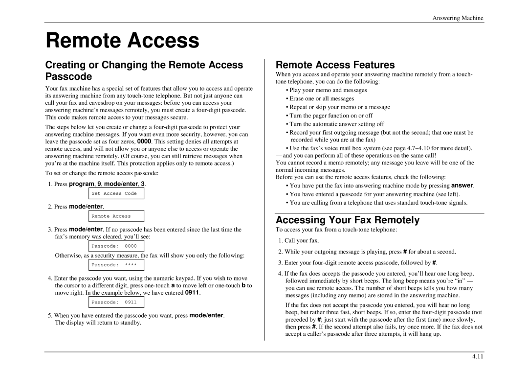 Muratec M880 Creating or Changing the Remote Access Passcode, Remote Access Features, Accessing Your Fax Remotely 