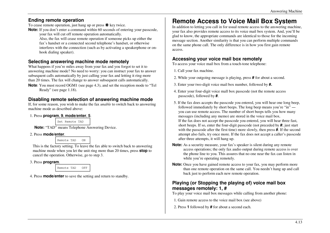 Muratec M840 Remote Access to Voice Mail Box System, Ending remote operation, Selecting answering machine mode remotely 