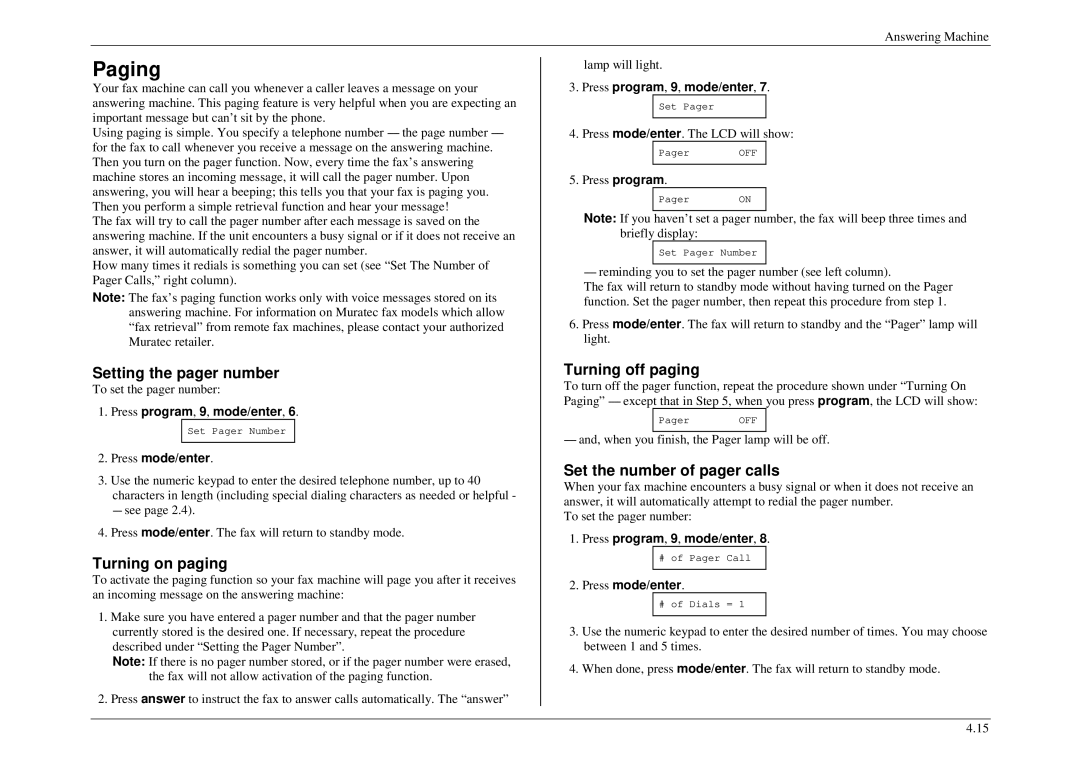 Muratec M860, M840 Paging, Setting the pager number, Turning on paging, Turning off paging, Set the number of pager calls 