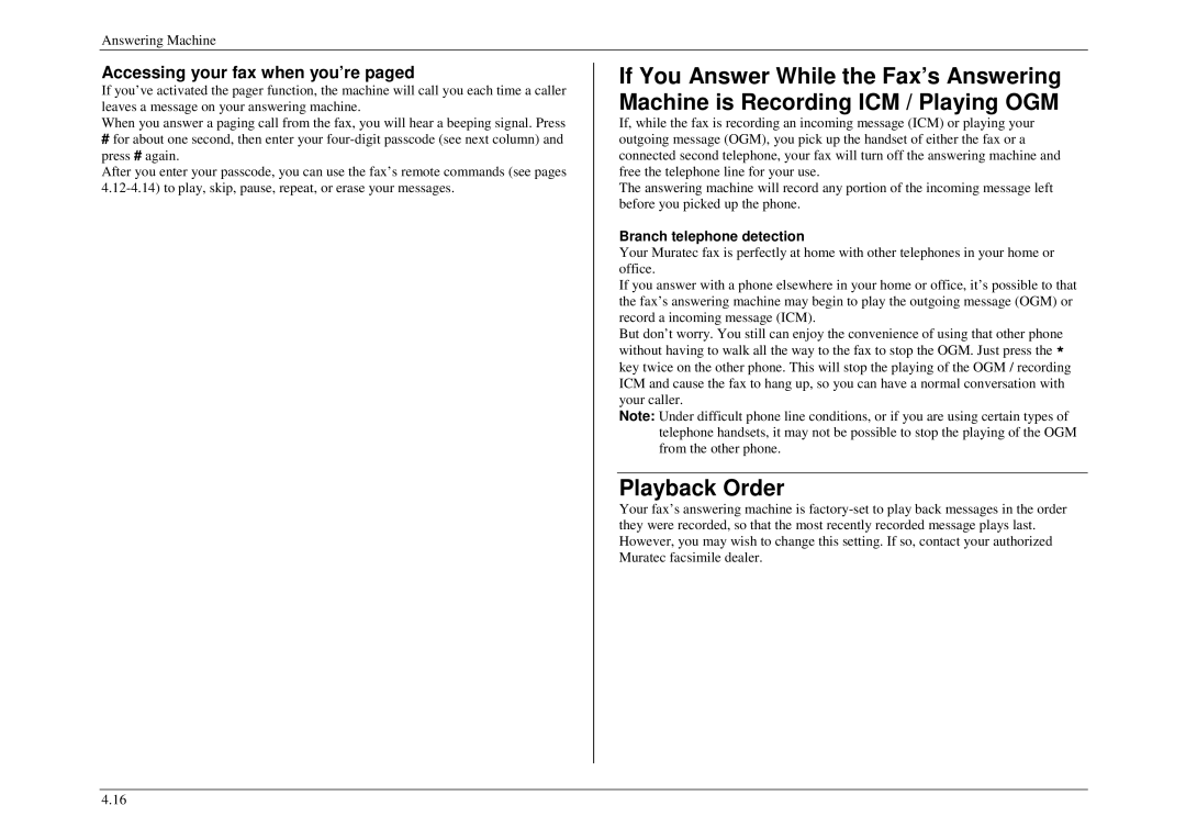 Muratec M840, M880, M860 manual Playback Order, Accessing your fax when you’re paged, Branch telephone detection 