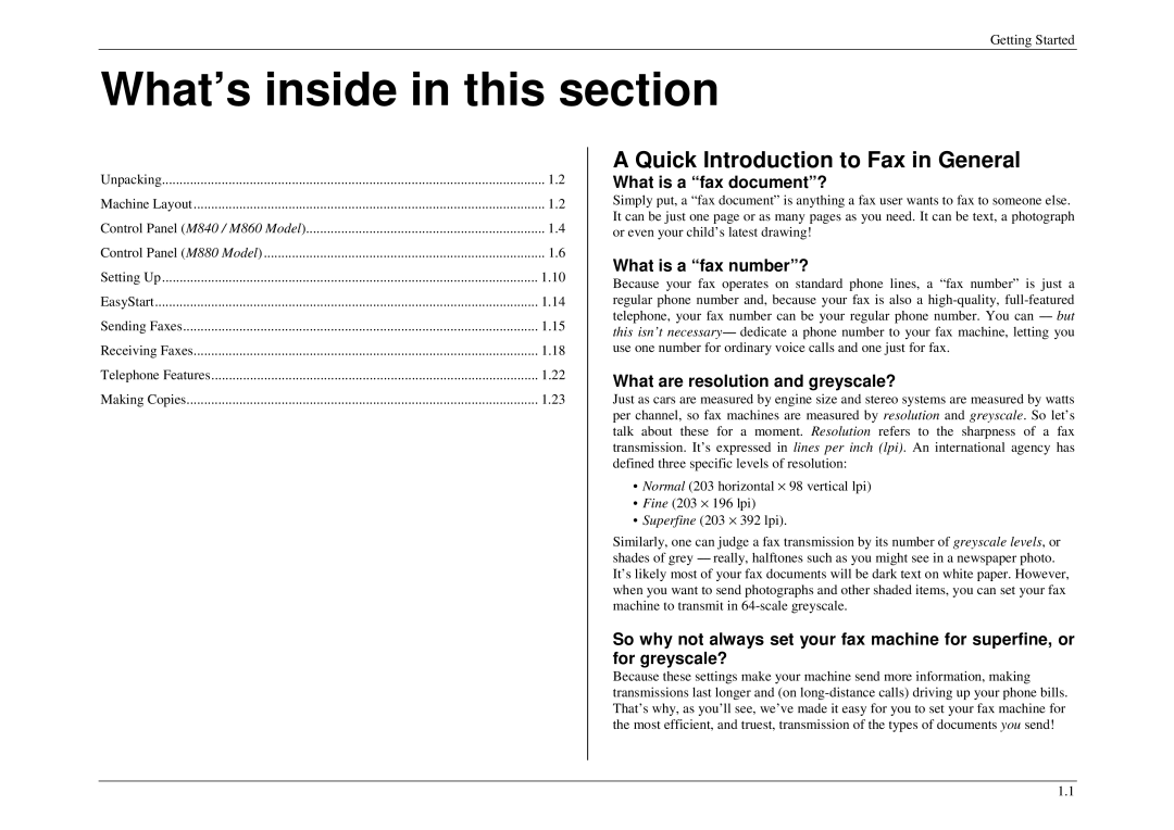 Muratec M860, M840, M880 manual What’s inside in this section, Quick Introduction to Fax in General, What is a fax document? 