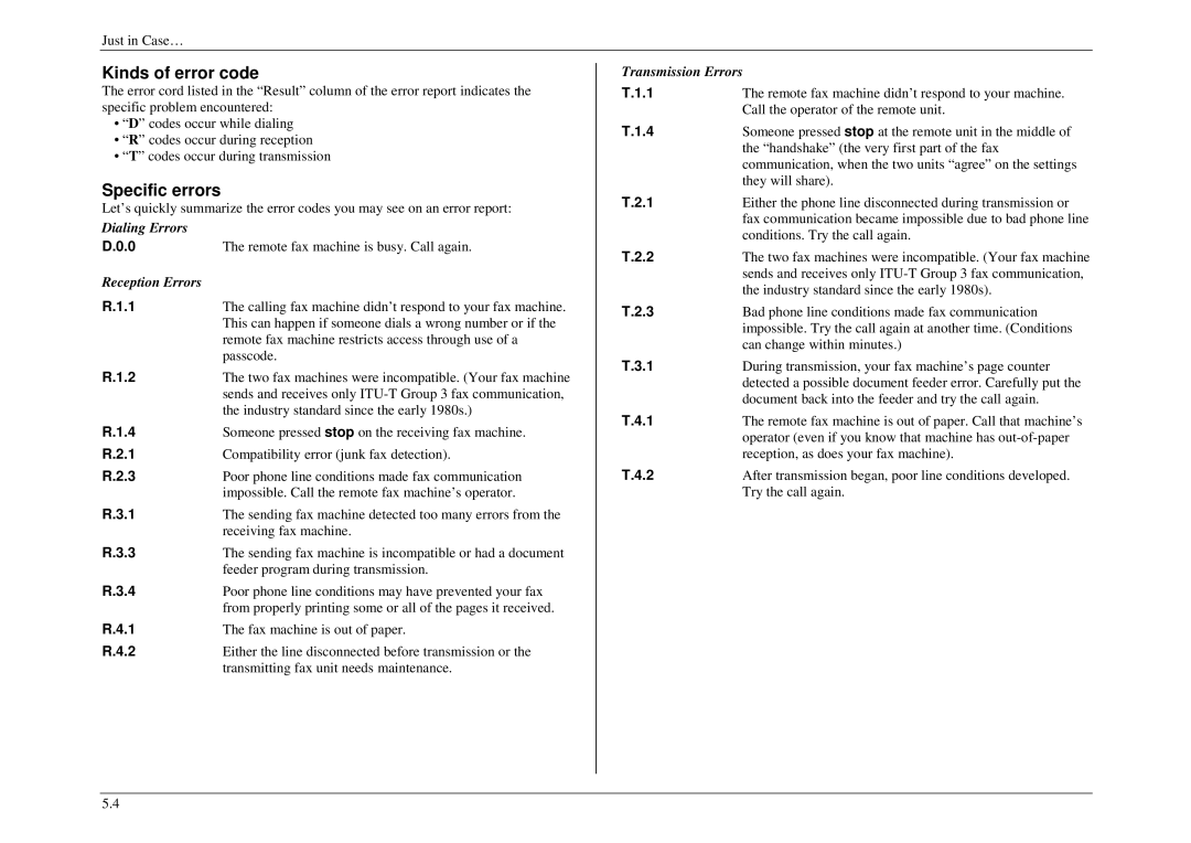 Muratec M840, M880, M860 manual Kinds of error code, Specific errors 