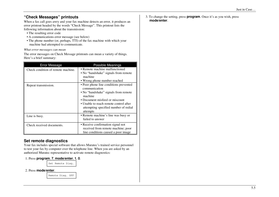 Muratec M880, M840, M860 manual Check Messages printouts, Set remote diagnostics 